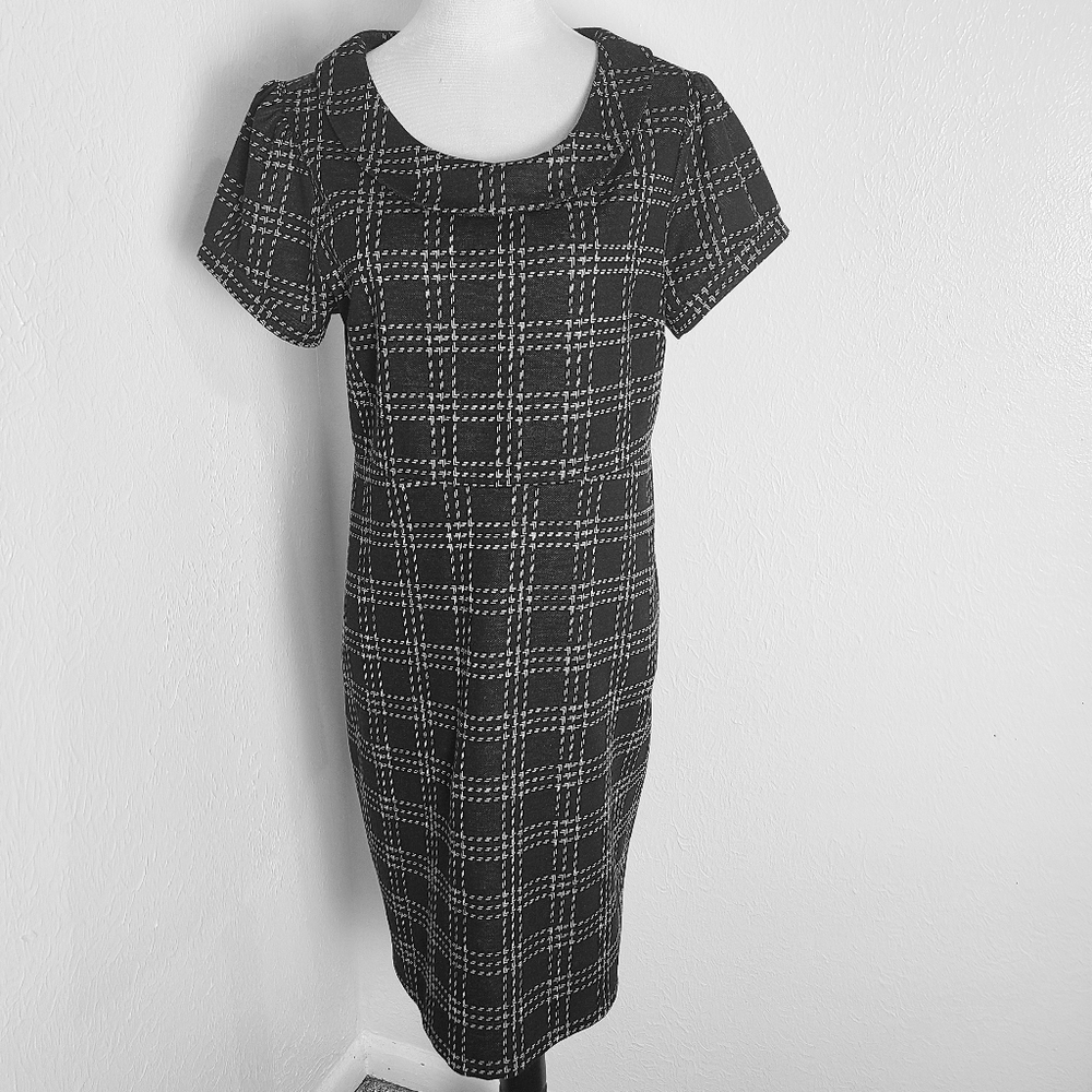 Voir Voir Black & White Print Dress with Round Collar & Short Puff Sleeves Sz 16